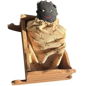 Antique Primitive Folk Art Rag Doll And cradle Baby VTG 3”